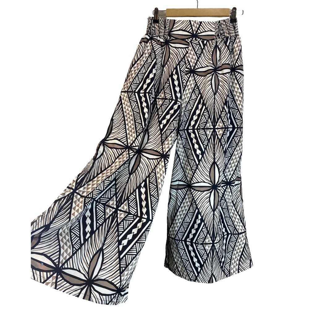 Tanoa Hawaii Women XL Wide Leg Tribal Cotton Pants Side Slit Boho Beach Vacay
